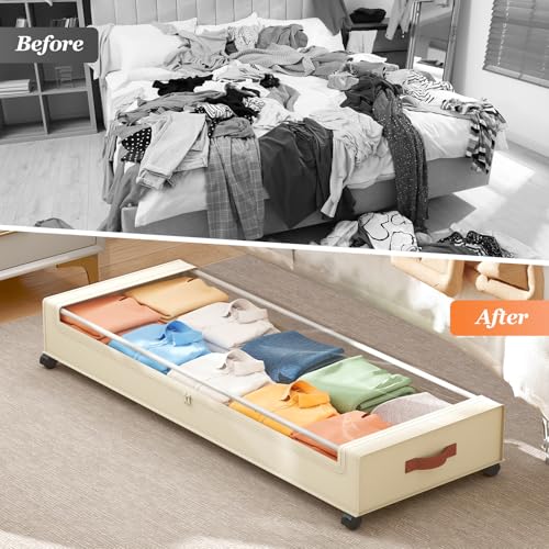 Yecaye Under Bed Storage with Wheels, Large Capacity Under Bed Storage Containers with Metal Frame & Clear Lid, Rolling Underbed Organizer Bins Drawers for Clothes, Shoes, Blankets