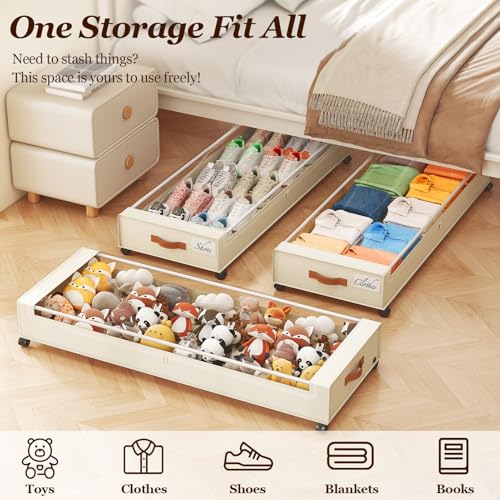 Yecaye Under Bed Storage with Wheels, Large Capacity Under Bed Storage Containers with Metal Frame & Clear Lid, Rolling Underbed Organizer Bins Drawers for Clothes, Shoes, Blankets