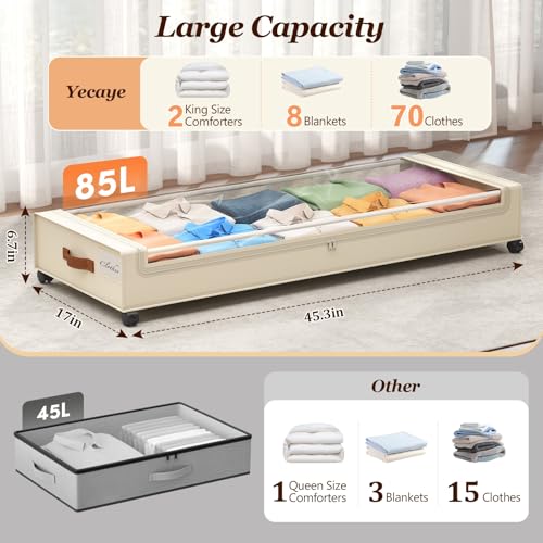 Yecaye Under Bed Storage with Wheels, Large Capacity Under Bed Storage Containers with Metal Frame & Clear Lid, Rolling Underbed Organizer Bins Drawers for Clothes, Shoes, Blankets