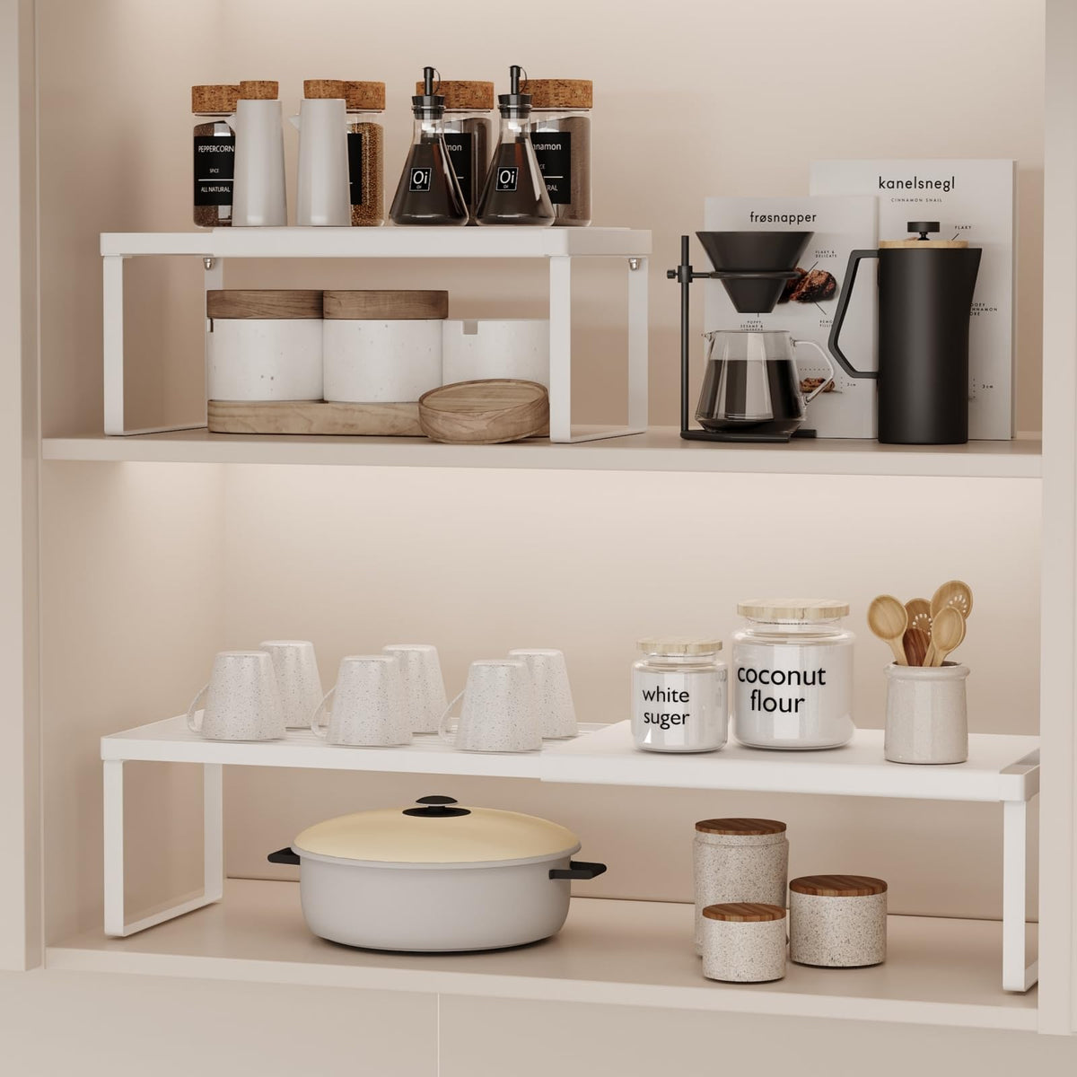 Magheo Spice Rack Organizer for Cabinet/Countertop, Stackable Kitchen Cabinet Shelf Riser, Pantry Organizers and Storage, Heavy Duty Counter Shelves for Seasonings,Bowls,Coffee Makers