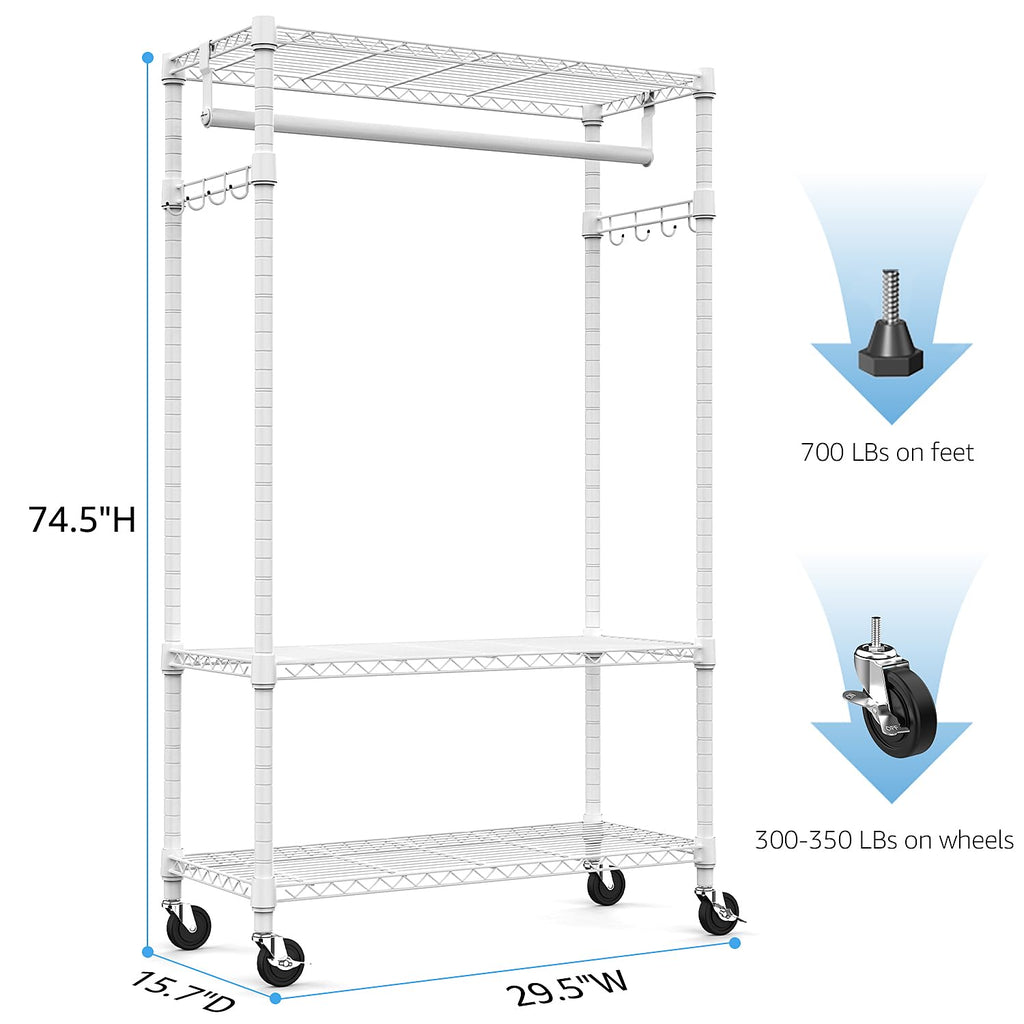 M MZG 3-Tier Rolling Garment Rack with Shelves, 2-Pack