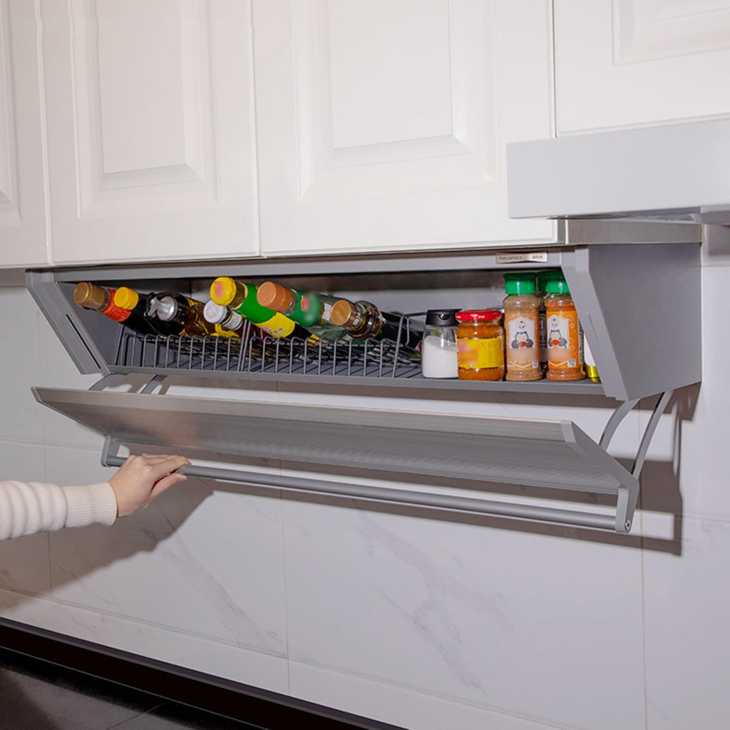 JOMRTS Pull Out Spice Rack Organizer, Under Cabinet Drop-Down Folding Rack with Door, Heavy-Duty Down Shelf, Wall Mounted Floating Shelf for Over The Stove