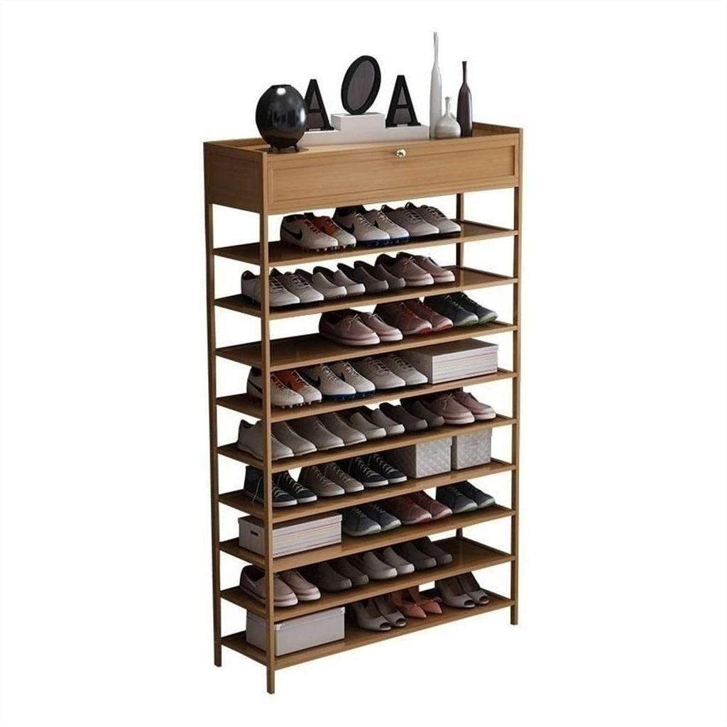 A1DFDFGOQSFG 10-Tier Bamboo Shoe Rack with Top Storage Box