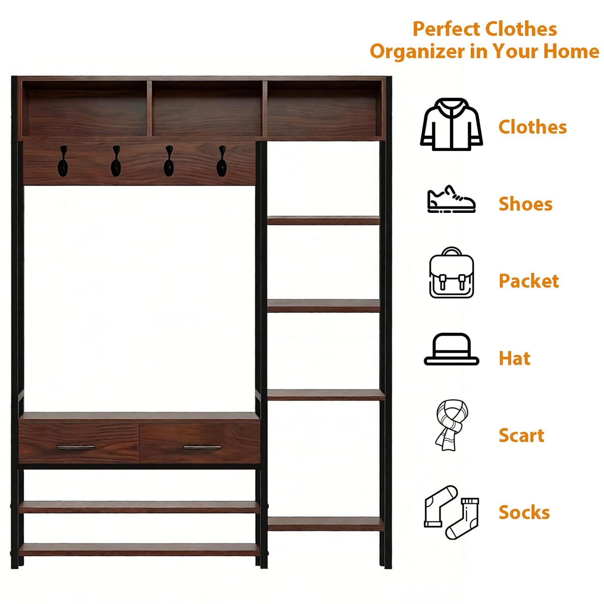 Hall Tree with Bench, Shoe Storage, Shelves & 2 Drawers