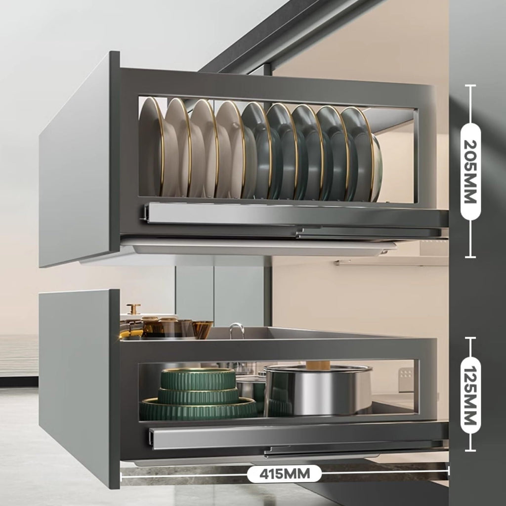 Stainless Steel Pull-Out Cabinet Organizer, Adjustable Slide-Out Storage for Kitchen & Pantry, Space-Saving Dish & Plate Shelves (415x820mm) - Gray, Durable & Efficient