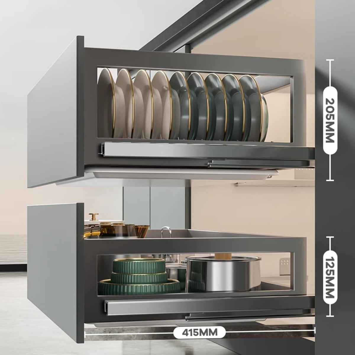 Stainless Steel Pull-Out Cabinet Organizer, Adjustable Slide-Out Storage for Kitchen & Pantry, Space-Saving Dish & Plate Shelves (415x820mm) - Gray, Durable & Efficient