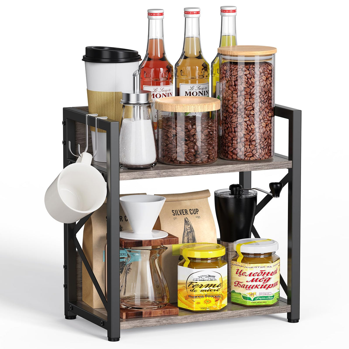 RUILALIFE Kitchen-Counter-Shelf-Organizer,2 Tier Coffee Bar Station Organizer for Countertop,Wooden Spice Rack Shelf, Space Saving Desk Shelving Riser Unit
