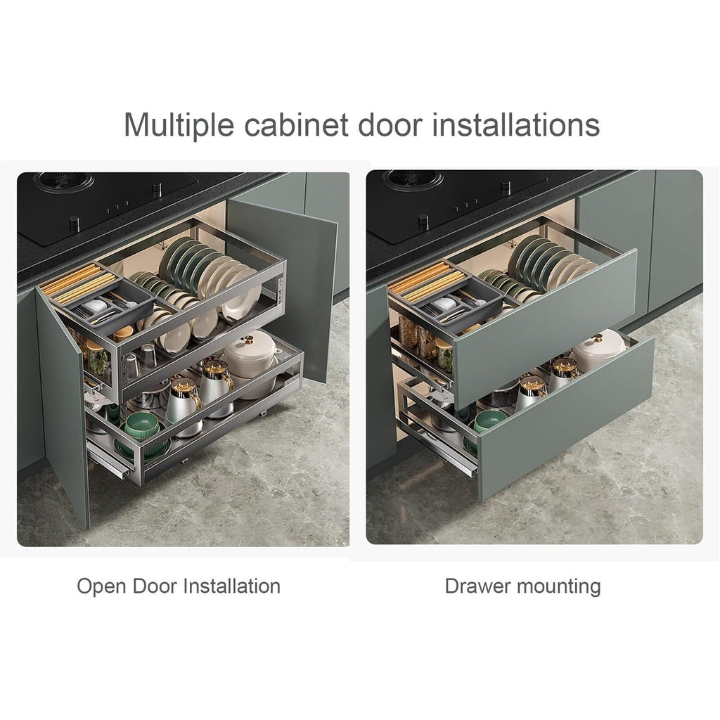 Stainless Steel Pull-Out Cabinet Organizer, Adjustable Slide-Out Storage for Kitchen & Pantry, Space-Saving Dish & Plate Shelves (415x820mm) - Gray, Durable & Efficient