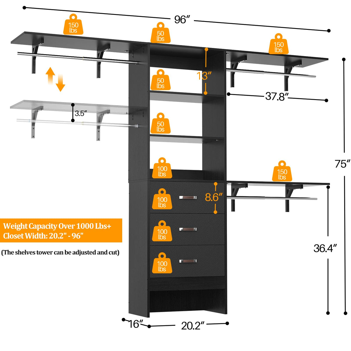 Closet System with Drawer - 8FT Wood Closet Organizer System with 3 Hanging Rods and Shelving Tower, 96" Walk In Closet Organizer Wardrobe, Heavy Duty Garment Rack Clothes Rack