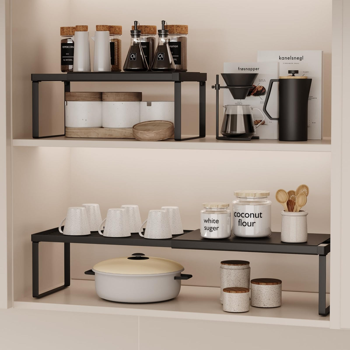 Magheo Spice Rack Organizer for Cabinet/Countertop, Stackable Kitchen Cabinet Shelf Riser, Pantry Organizers and Storage, Heavy Duty Counter Shelves for Seasonings,Bowls,Coffee Makers