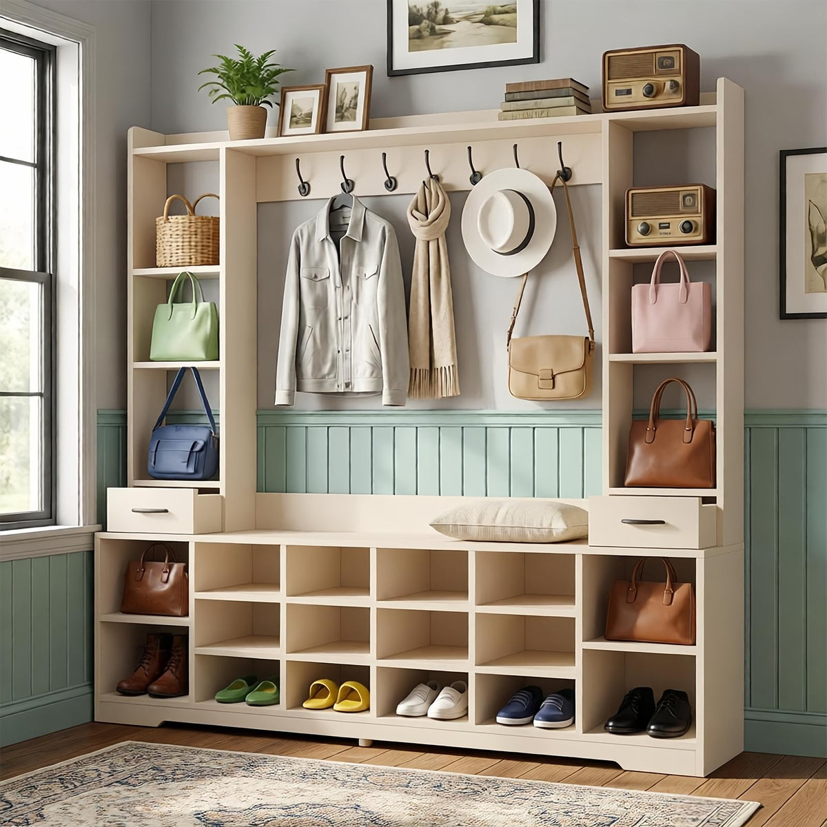 LHIUGE 6-in-1 Hall Tree with Bench & Shoe Storage Cabinet