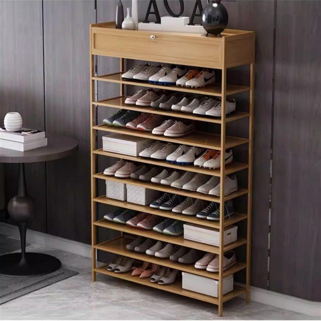A1DFDFGOQSFG 10-Tier Bamboo Shoe Rack with Top Storage Box