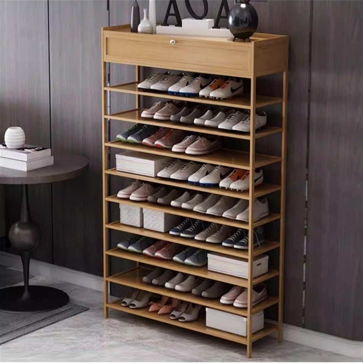 A1DFDFGOQSFG 10-Tier Bamboo Shoe Rack with Top Storage Box