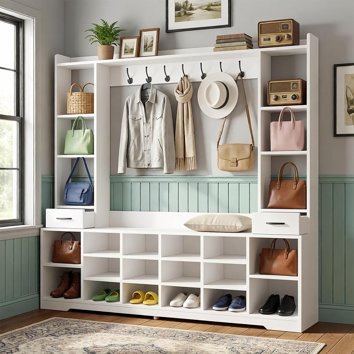 LHIUGE 6-in-1 Hall Tree with Bench & Shoe Storage Cabinet