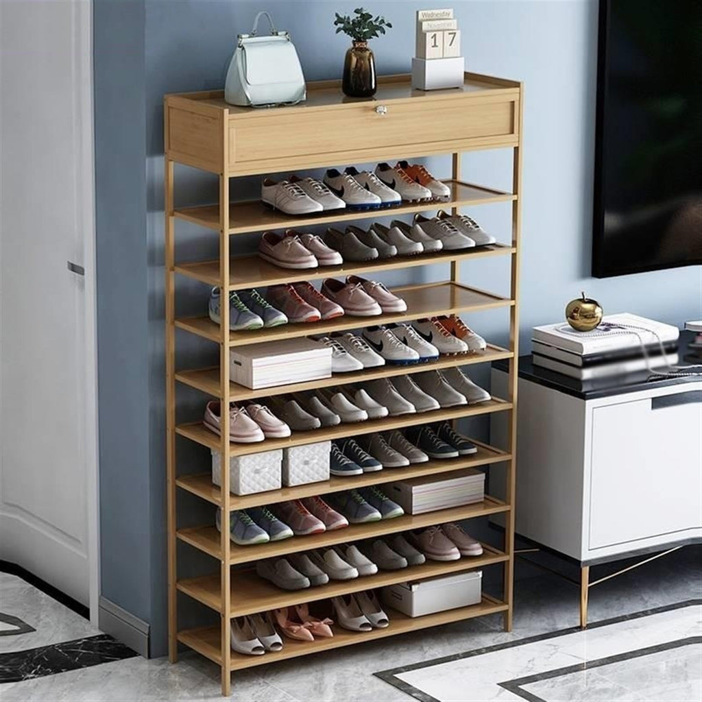 A1DFDFGOQSFG 10-Tier Bamboo Shoe Rack with Top Storage Box