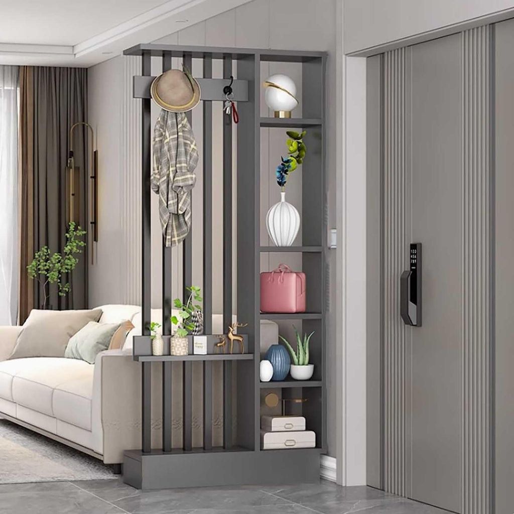 Modern Room Divider with Storage, Free Standing & Wooden Display Column, 80cm (31.5in) Gray & Black Entryway Coat Rack - Stylish Home Decor Solution