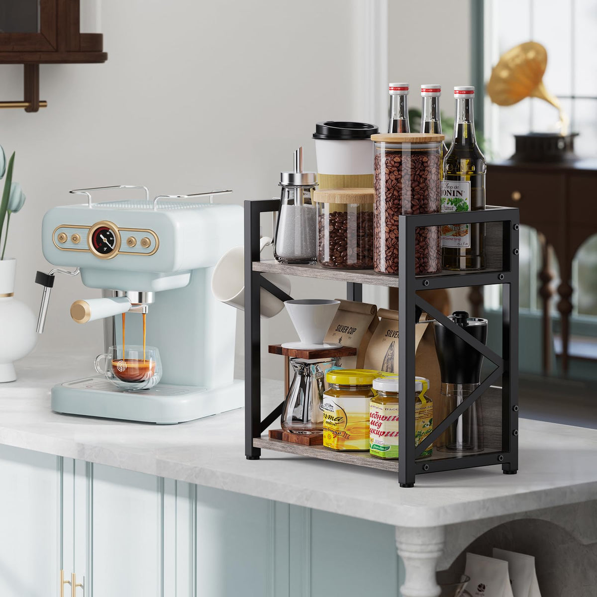 RUILALIFE Kitchen-Counter-Shelf-Organizer,2 Tier Coffee Bar Station Organizer for Countertop,Wooden Spice Rack Shelf, Space Saving Desk Shelving Riser Unit