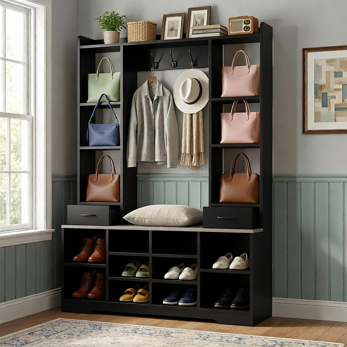 LHIUGE 6-in-1 Hall Tree with Bench & Shoe Storage Cabinet