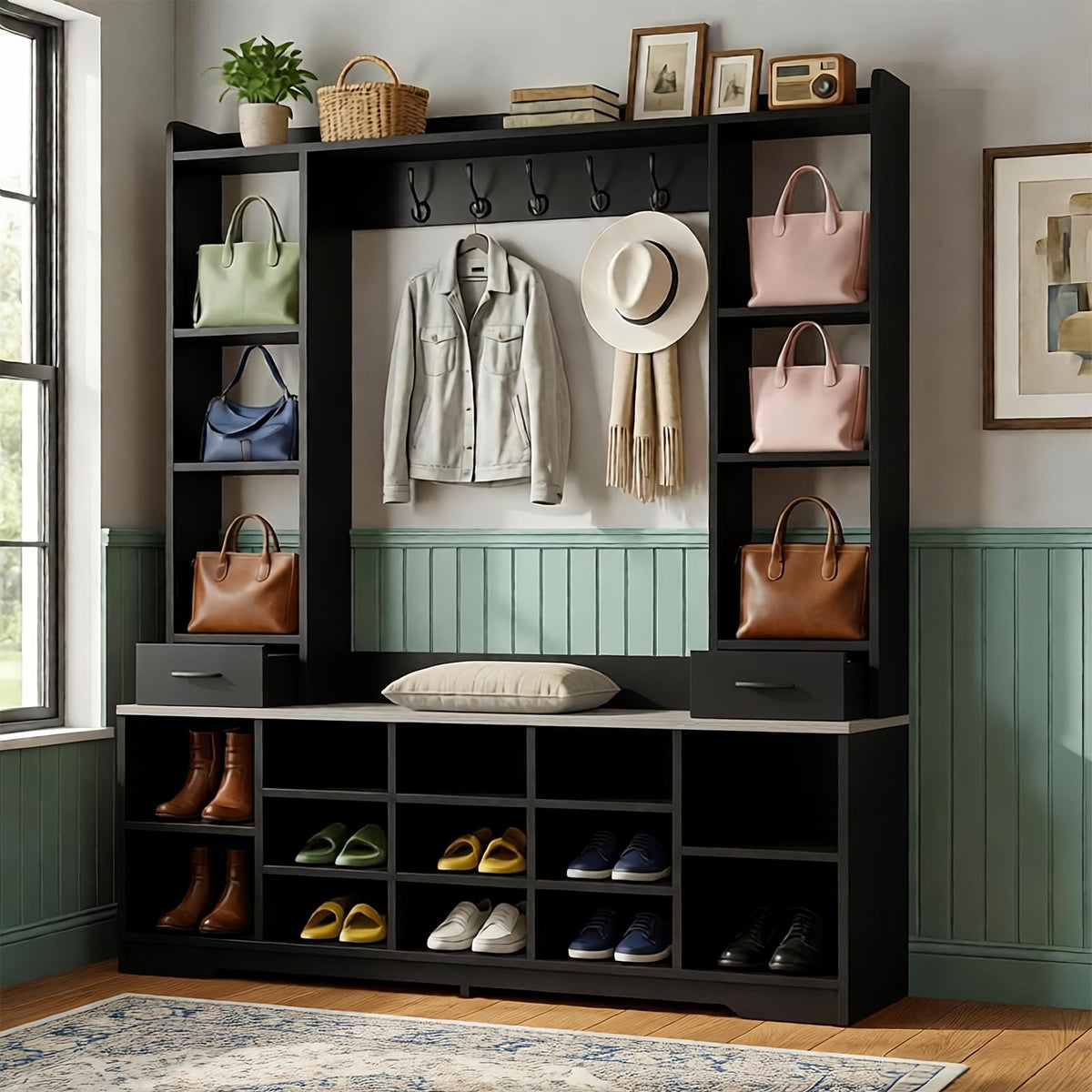 LHIUGE 6-in-1 Hall Tree with Bench & Shoe Storage Cabinet