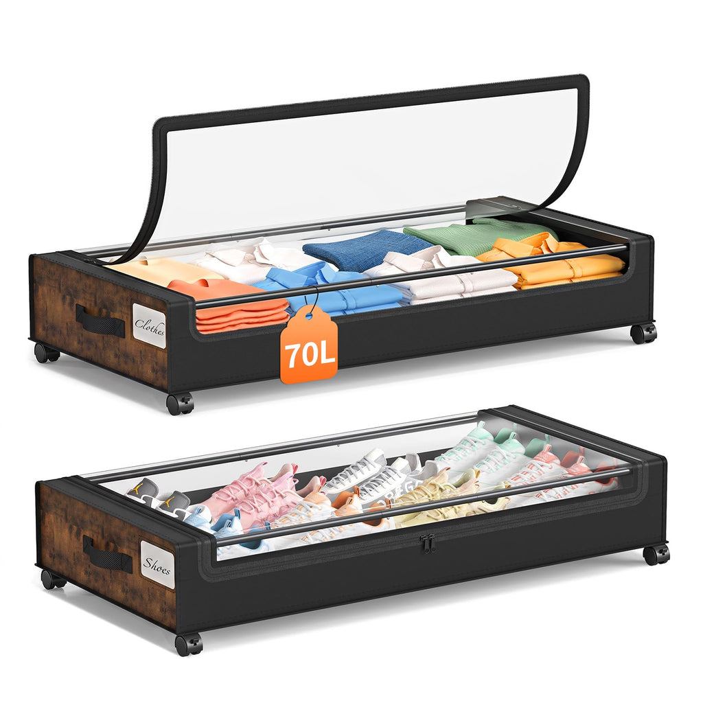 Yecaye Under Bed Storage with Wheels, Large Capacity Under Bed Storage Containers with Metal Frame & Clear Lid, Rolling Underbed Organizer Bins Drawers for Clothes, Shoes, Blankets