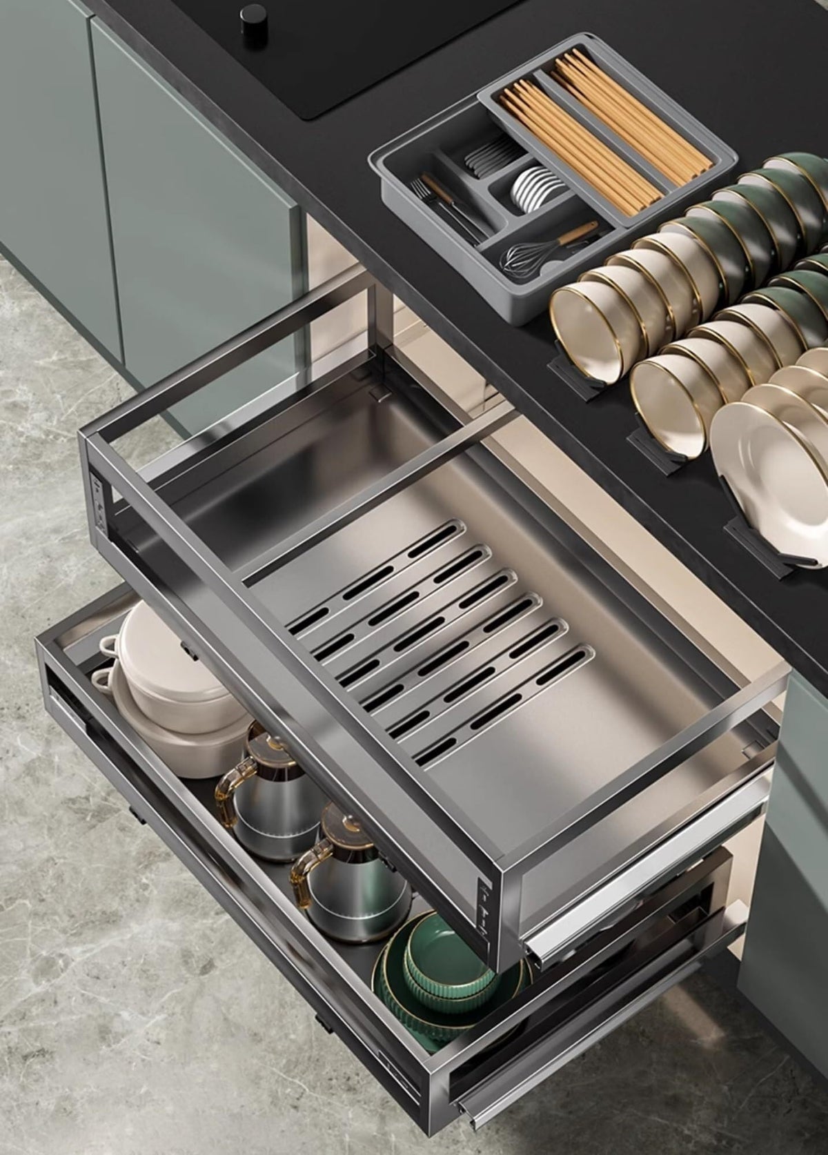 Stainless Steel Pull-Out Cabinet Organizer, Adjustable Slide-Out Storage for Kitchen & Pantry, Space-Saving Dish & Plate Shelves (415x820mm) - Gray, Durable & Efficient