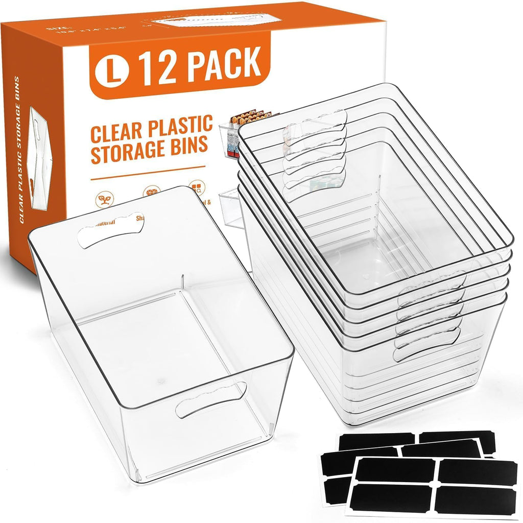 12-Pack Large Clear Pantry & Kitchen Storage Organizer Bins