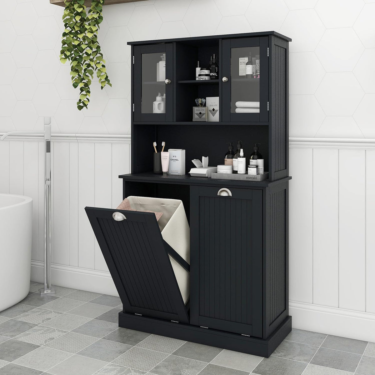 OQSC Double Tilt-Out Laundry Hamper Cabinet with Storage