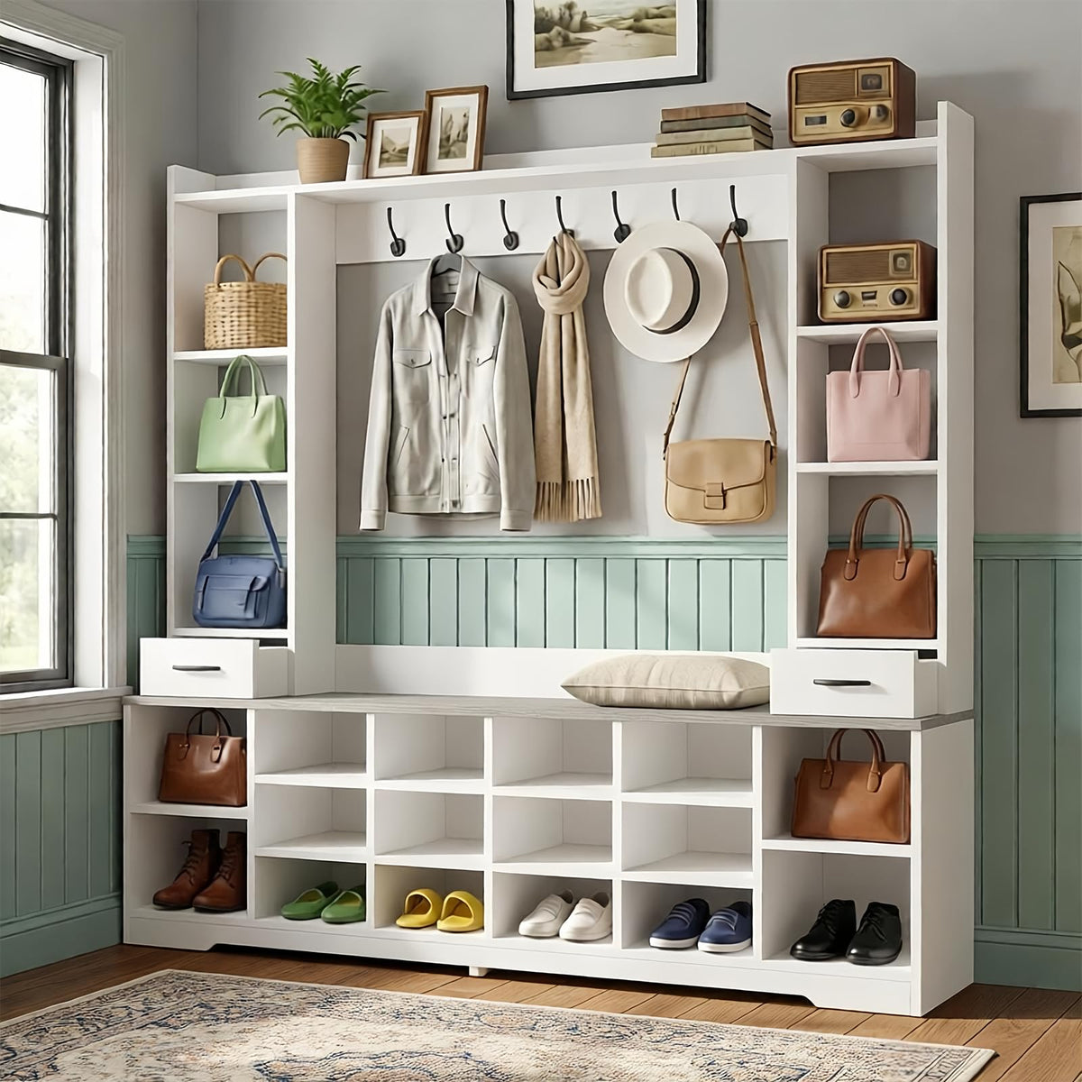 LHIUGE 6-in-1 Hall Tree with Bench & Shoe Storage Cabinet