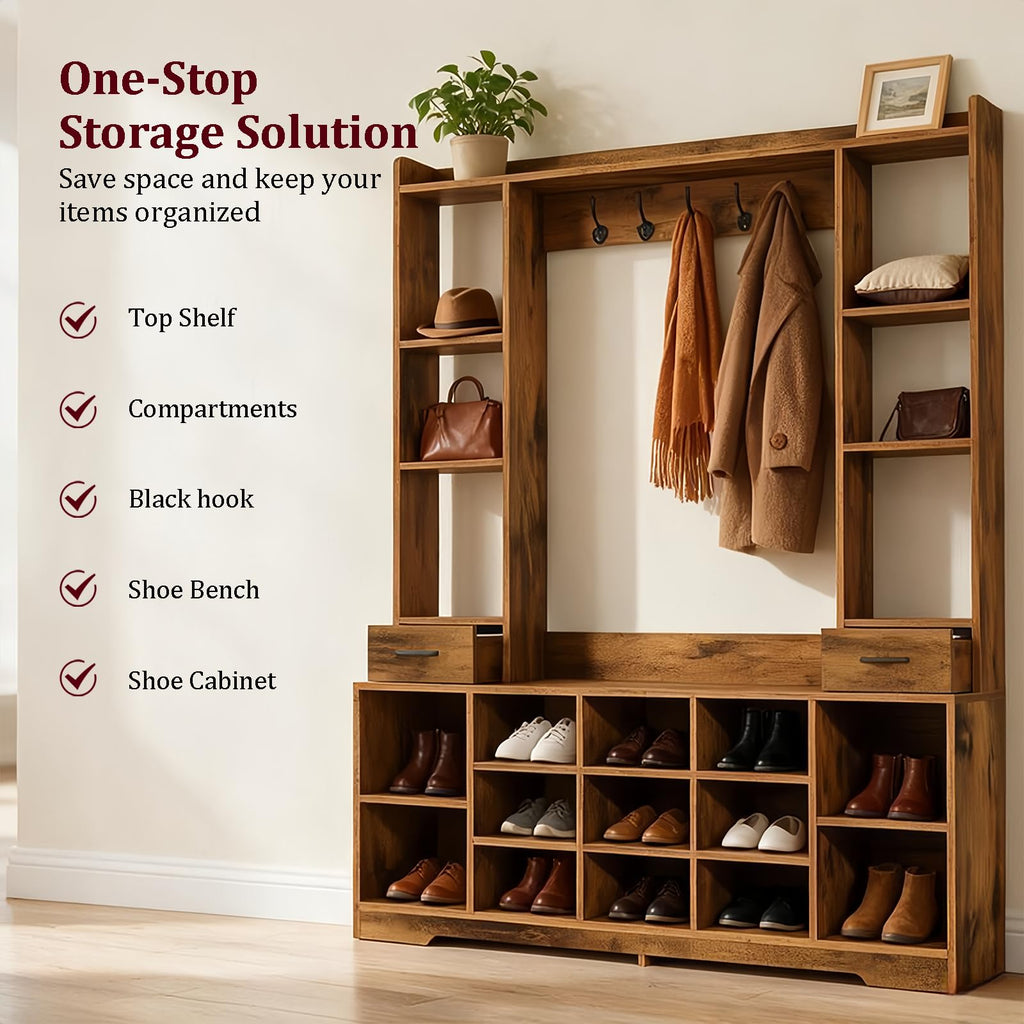 LHIUGE 6-in-1 Hall Tree with Bench & Shoe Storage Cabinet