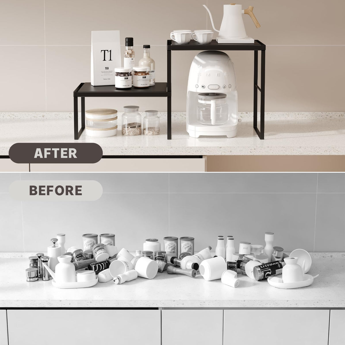 Magheo Spice Rack Organizer for Cabinet/Countertop, Stackable Kitchen Cabinet Shelf Riser, Pantry Organizers and Storage, Heavy Duty Counter Shelves for Seasonings,Bowls,Coffee Makers
