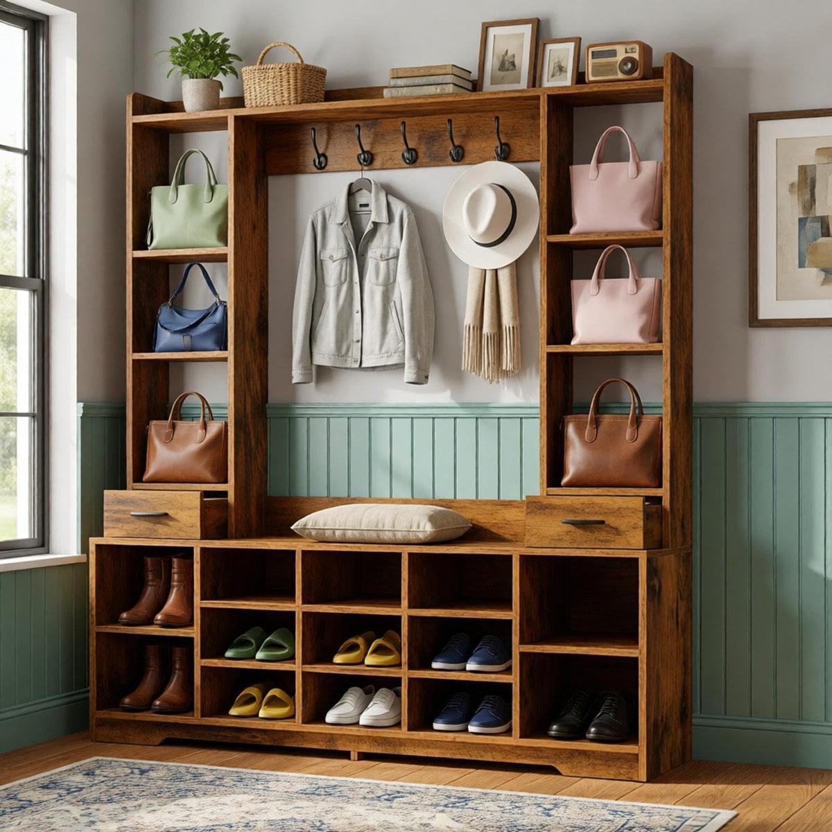 LHIUGE 6-in-1 Hall Tree with Bench & Shoe Storage Cabinet