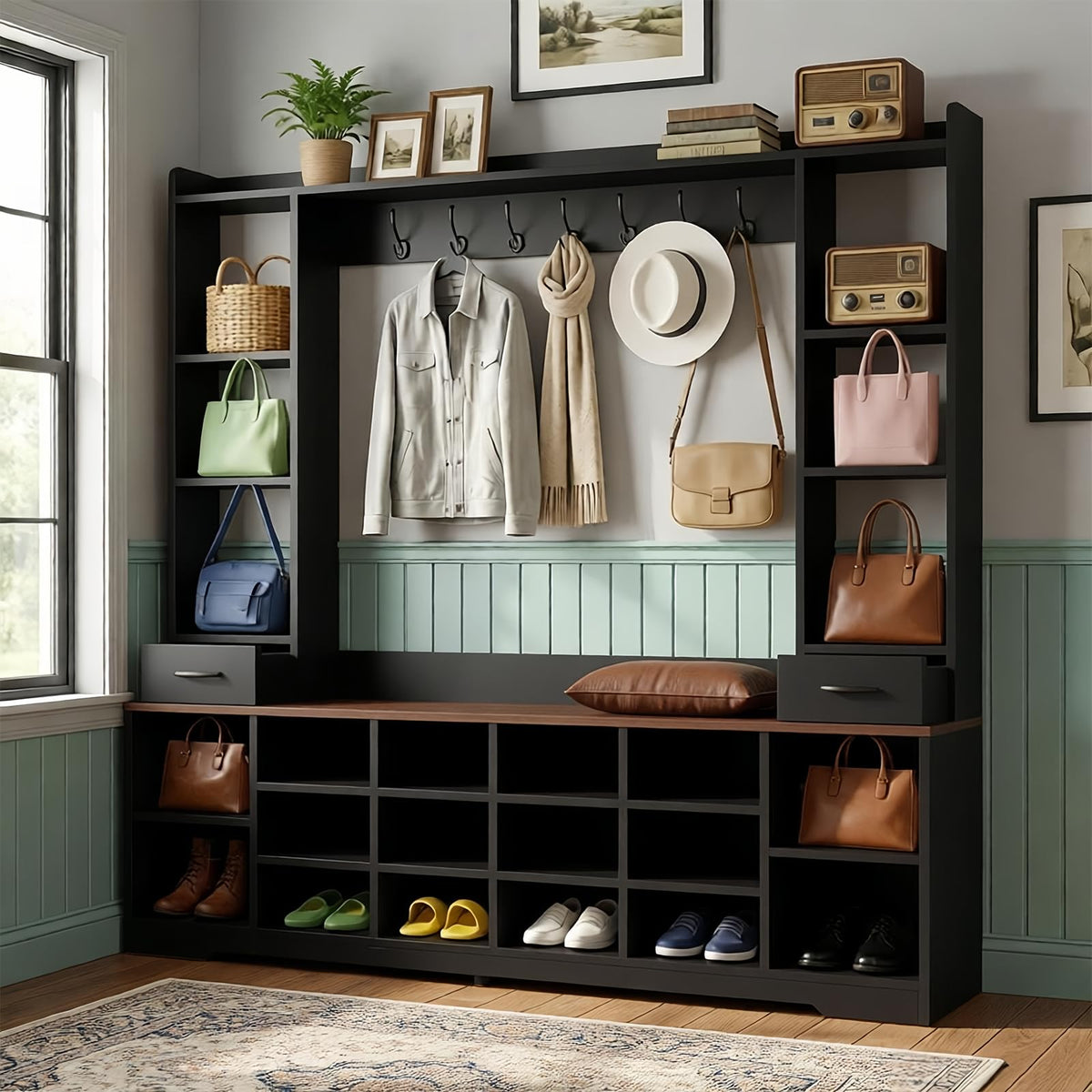 LHIUGE 6-in-1 Hall Tree with Bench & Shoe Storage Cabinet