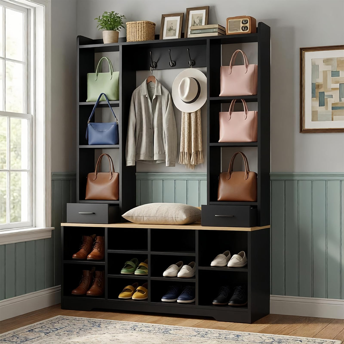 LHIUGE 6-in-1 Hall Tree with Bench & Shoe Storage Cabinet