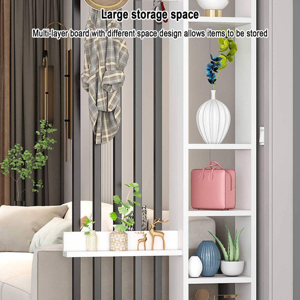 Modern Room Divider with Storage, Free Standing & Wooden Display Column, 80cm (31.5in) Gray & Black Entryway Coat Rack - Stylish Home Decor Solution