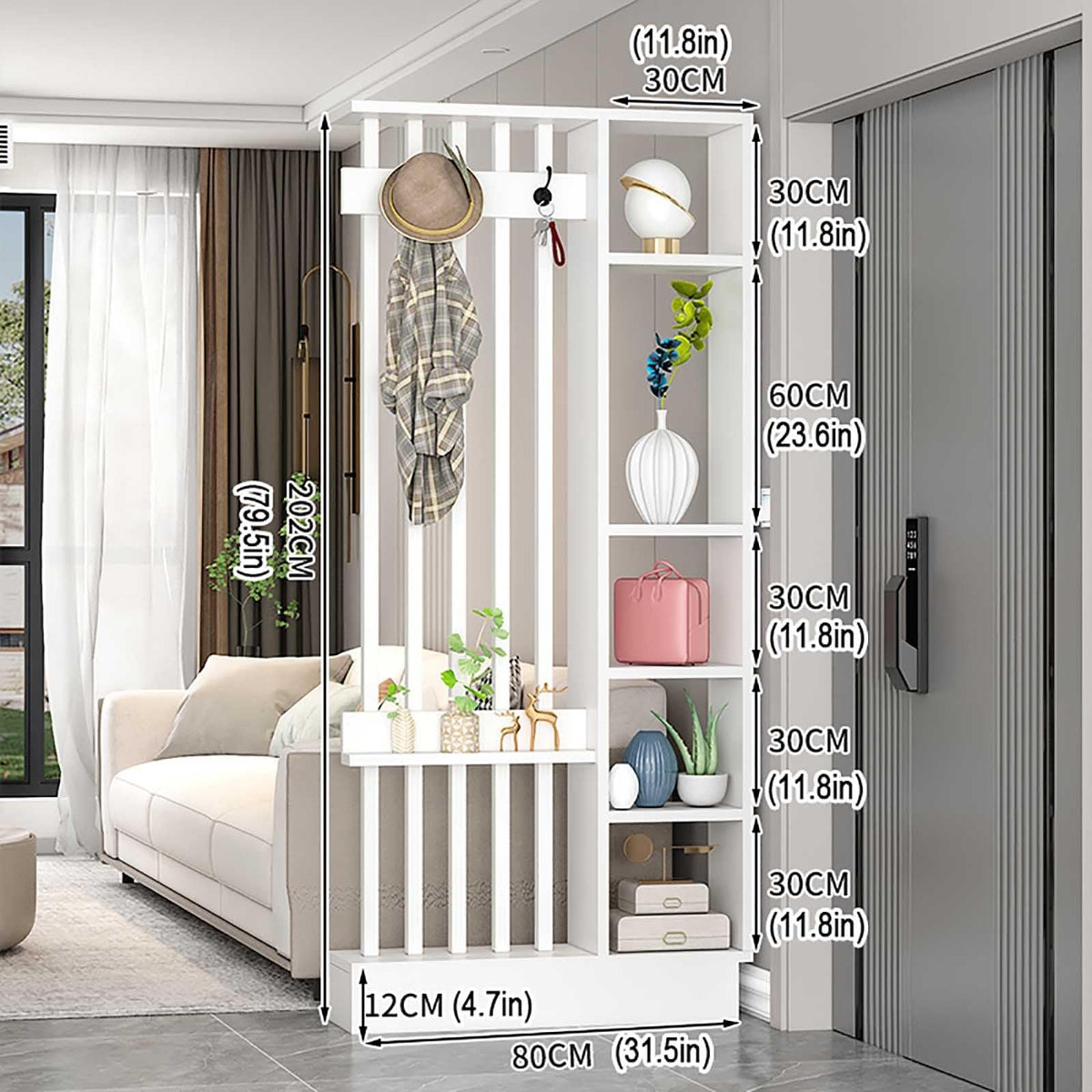 Modern Room Divider with Storage, Free Standing & Wooden Display Column, 80cm (31.5in) Gray & Black Entryway Coat Rack - Stylish Home Decor Solution