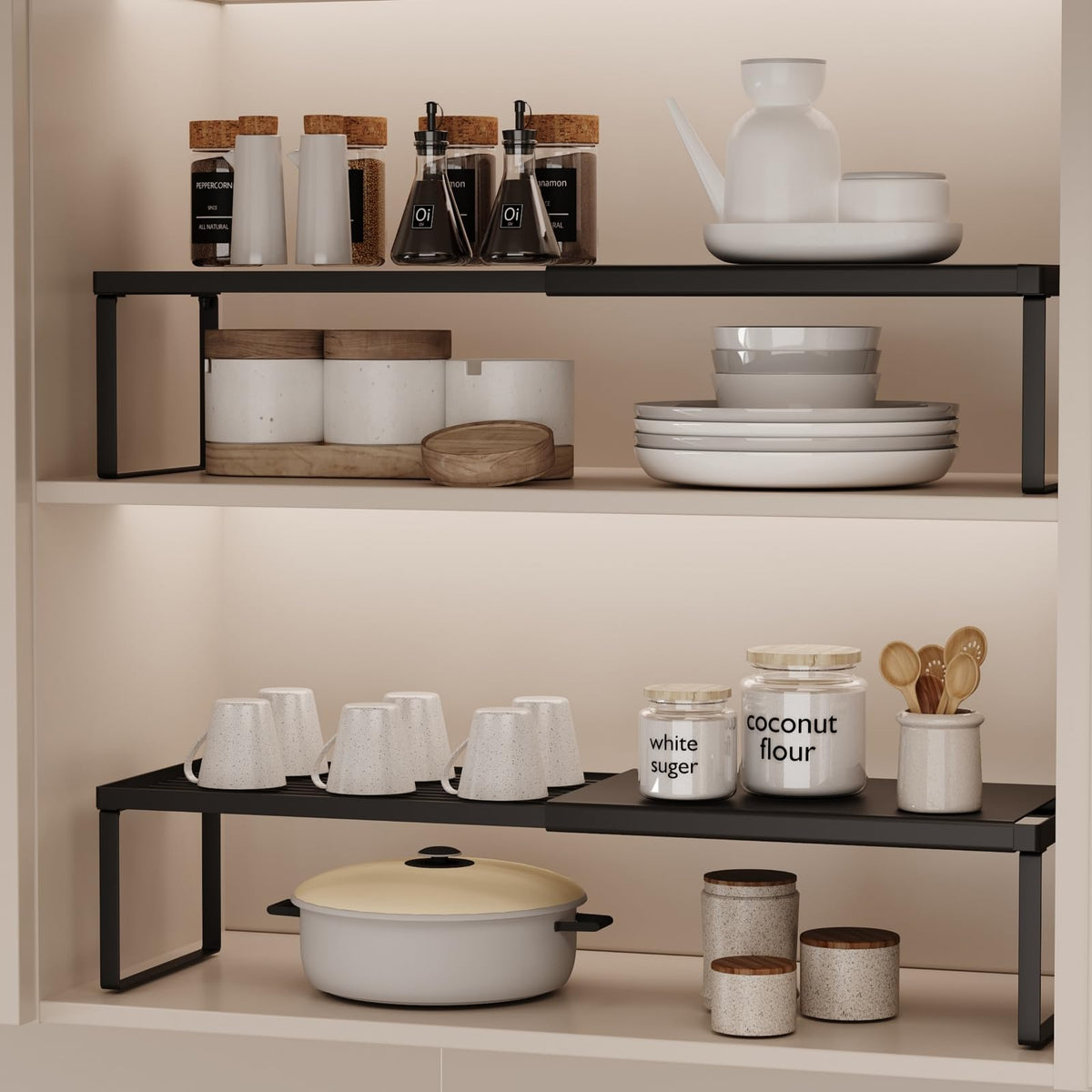 Magheo Spice Rack Organizer for Cabinet/Countertop, Stackable Kitchen Cabinet Shelf Riser, Pantry Organizers and Storage, Heavy Duty Counter Shelves for Seasonings,Bowls,Coffee Makers
