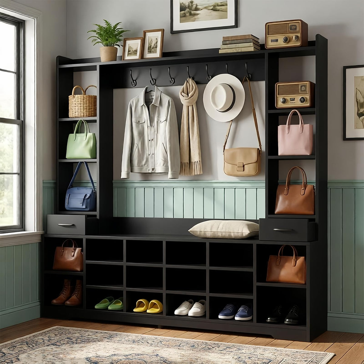 LHIUGE 6-in-1 Hall Tree with Bench & Shoe Storage Cabinet