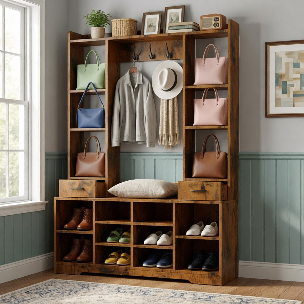 LHIUGE 6-in-1 Hall Tree with Bench & Shoe Storage Cabinet