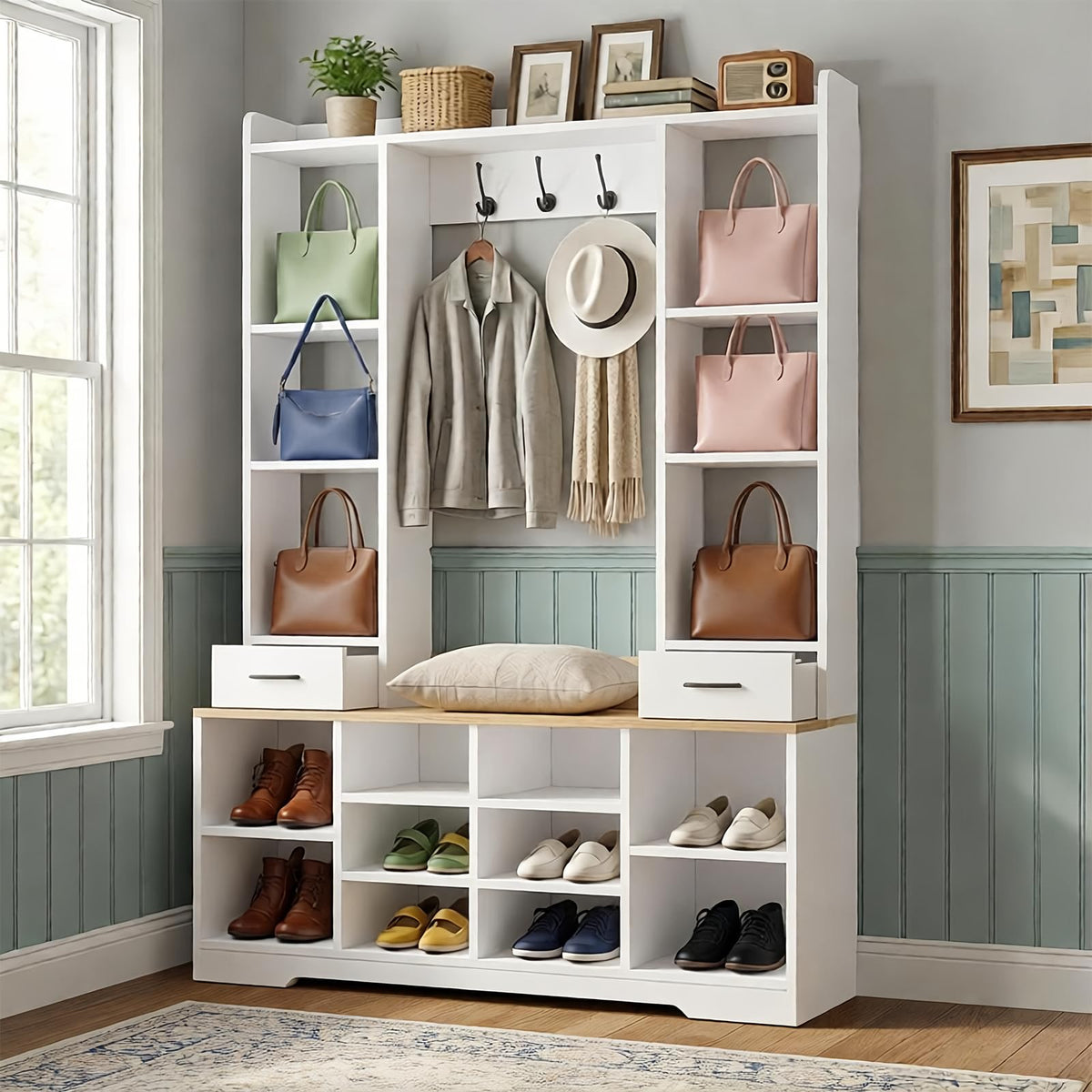 LHIUGE 6-in-1 Hall Tree with Bench & Shoe Storage Cabinet