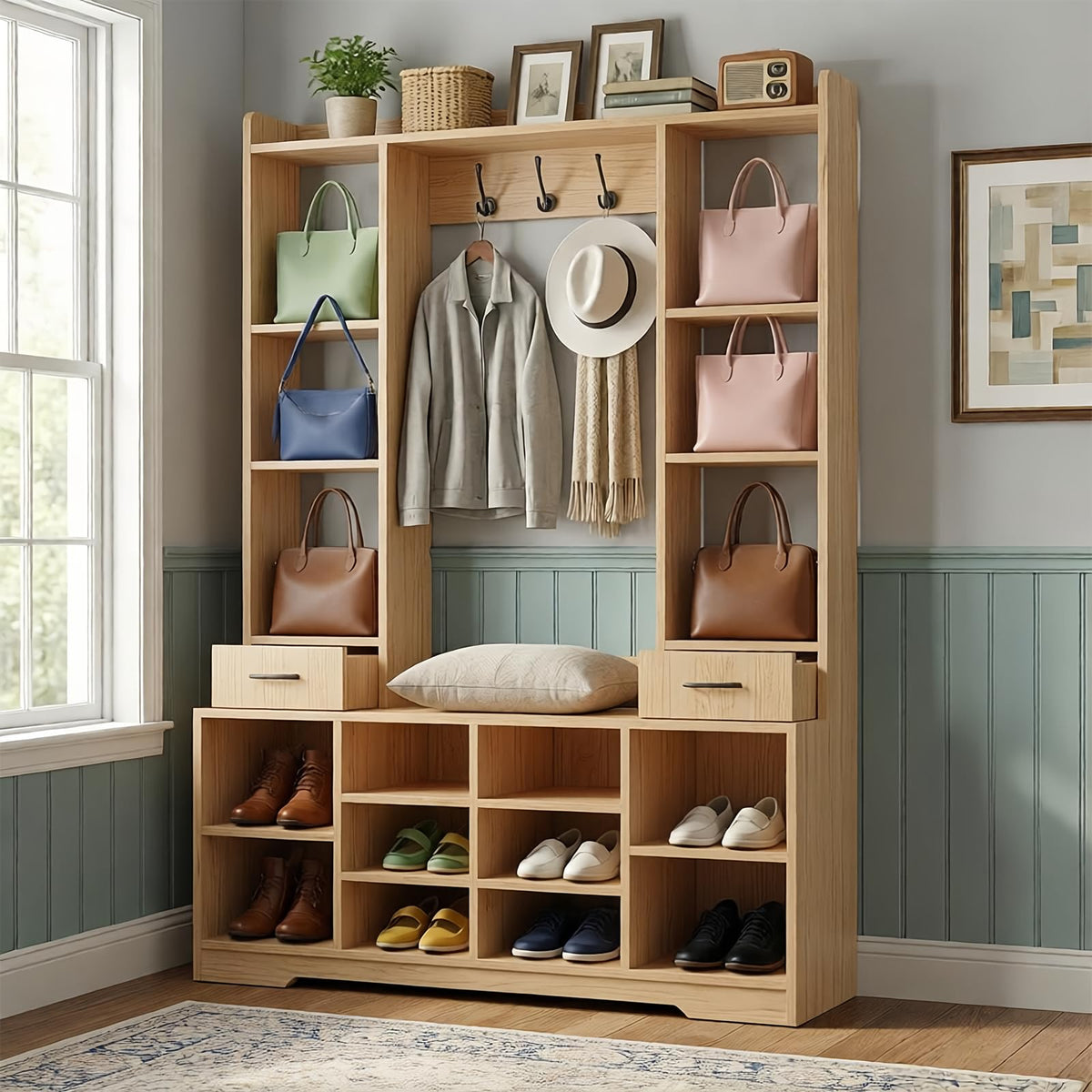 LHIUGE 6-in-1 Hall Tree with Bench & Shoe Storage Cabinet