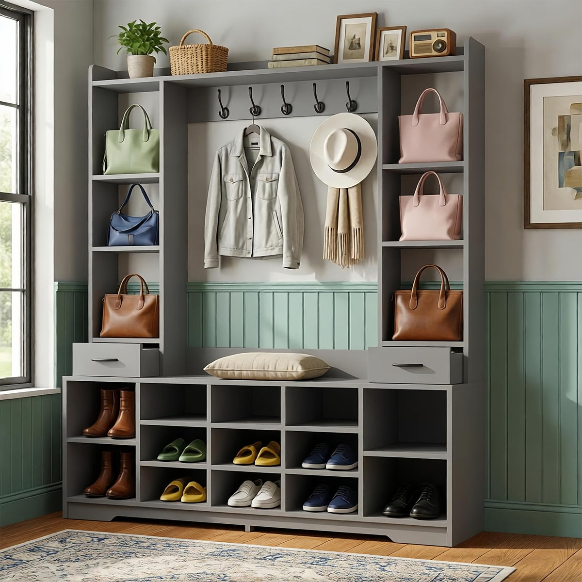 LHIUGE 6-in-1 Hall Tree with Bench & Shoe Storage Cabinet