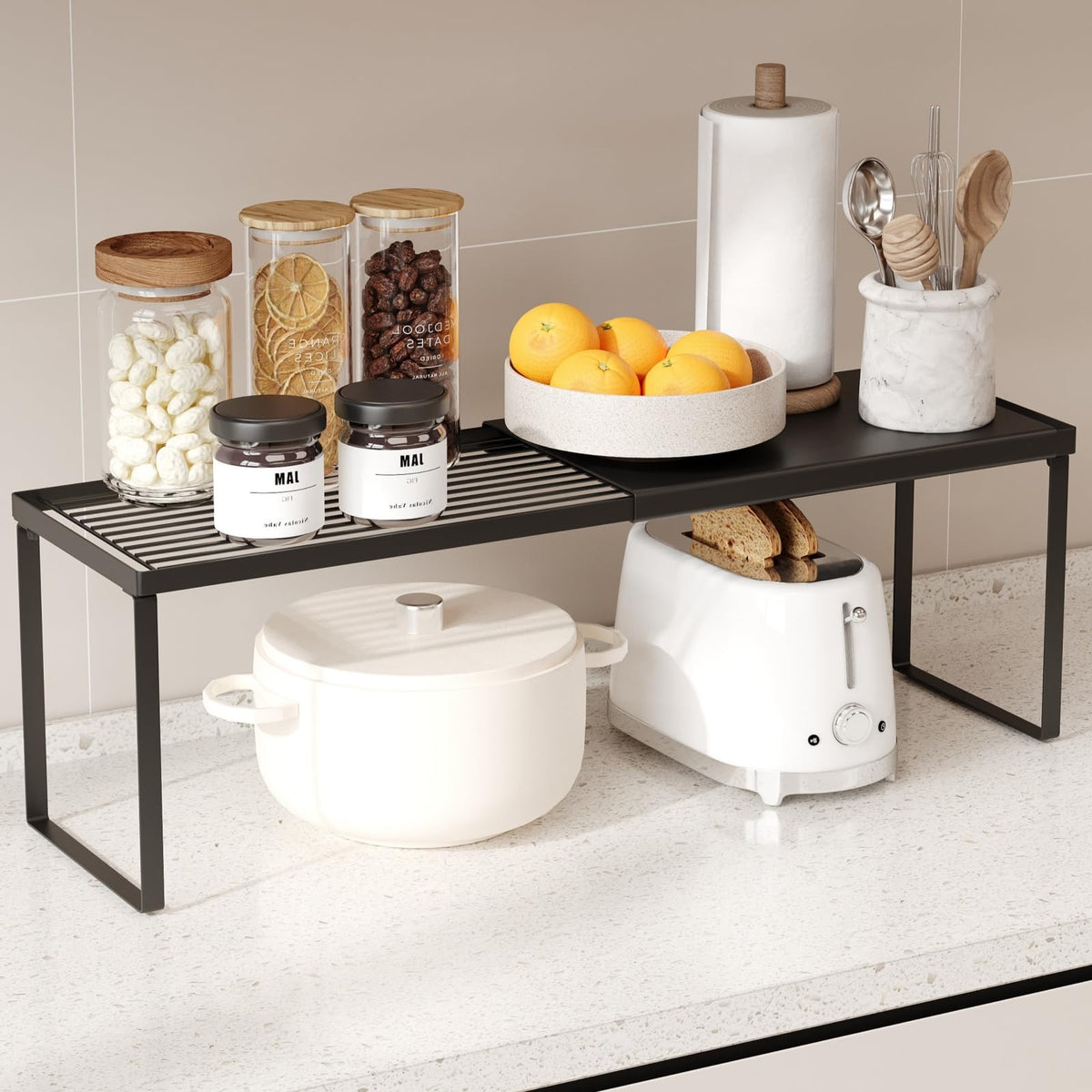 Magheo Spice Rack Organizer for Cabinet/Countertop, Stackable Kitchen Cabinet Shelf Riser, Pantry Organizers and Storage, Heavy Duty Counter Shelves for Seasonings,Bowls,Coffee Makers