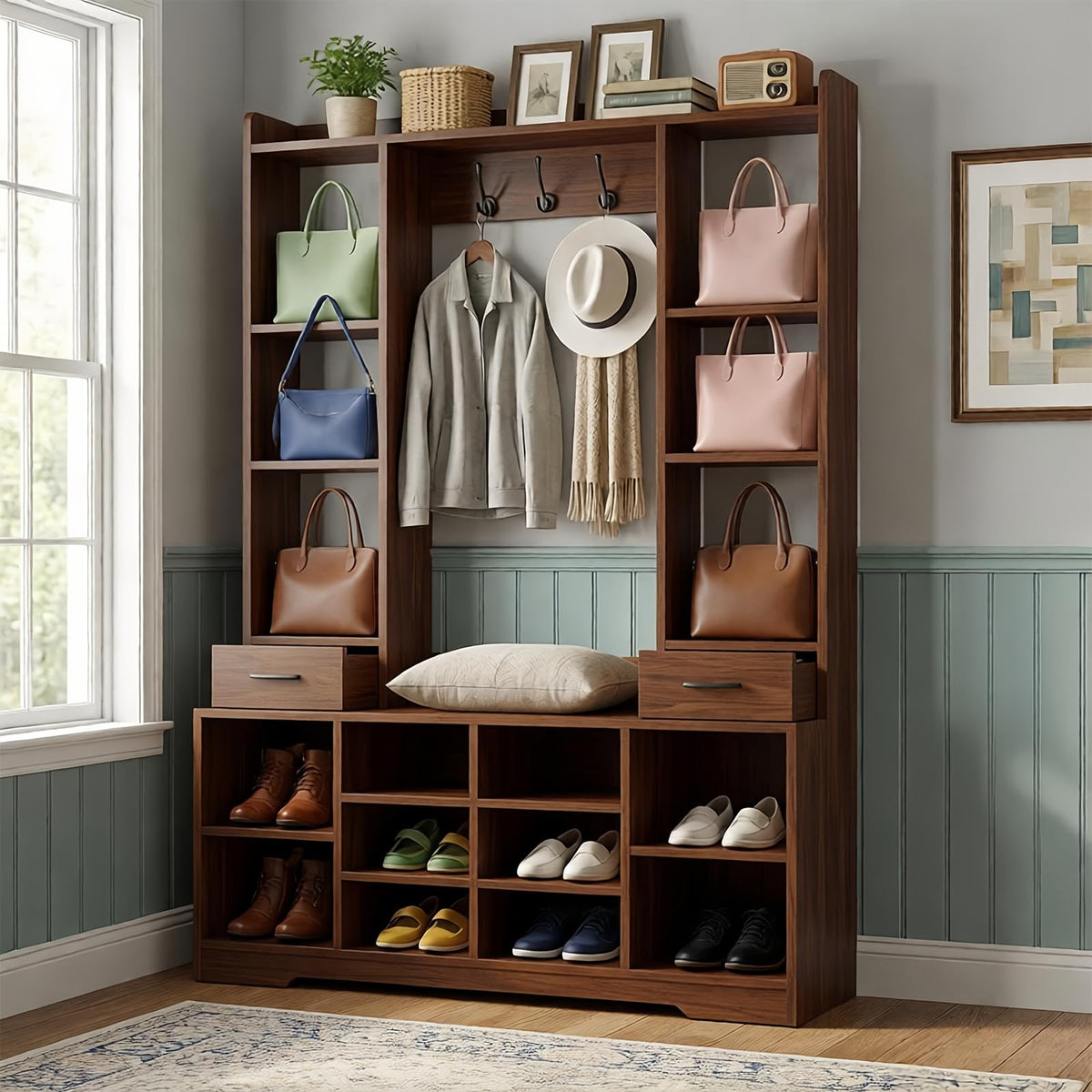 LHIUGE 6-in-1 Hall Tree with Bench & Shoe Storage Cabinet