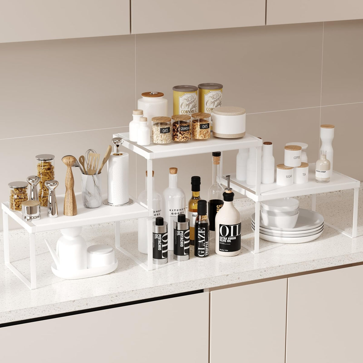 Magheo Spice Rack Organizer for Cabinet/Countertop, Stackable Kitchen Cabinet Shelf Riser, Pantry Organizers and Storage, Heavy Duty Counter Shelves for Seasonings,Bowls,Coffee Makers