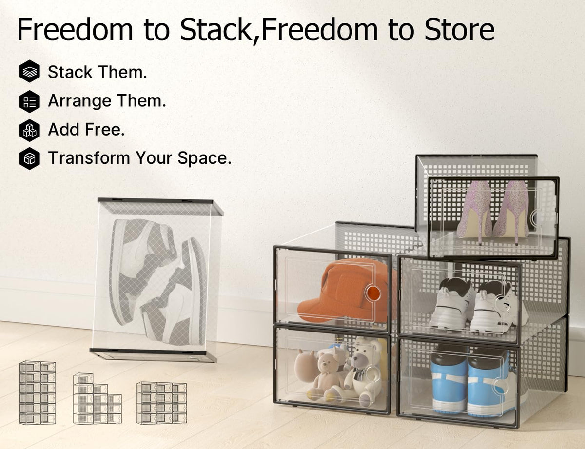 Kuject X-Large Clear Stackable Shoe Storage Boxes, 12-Pack