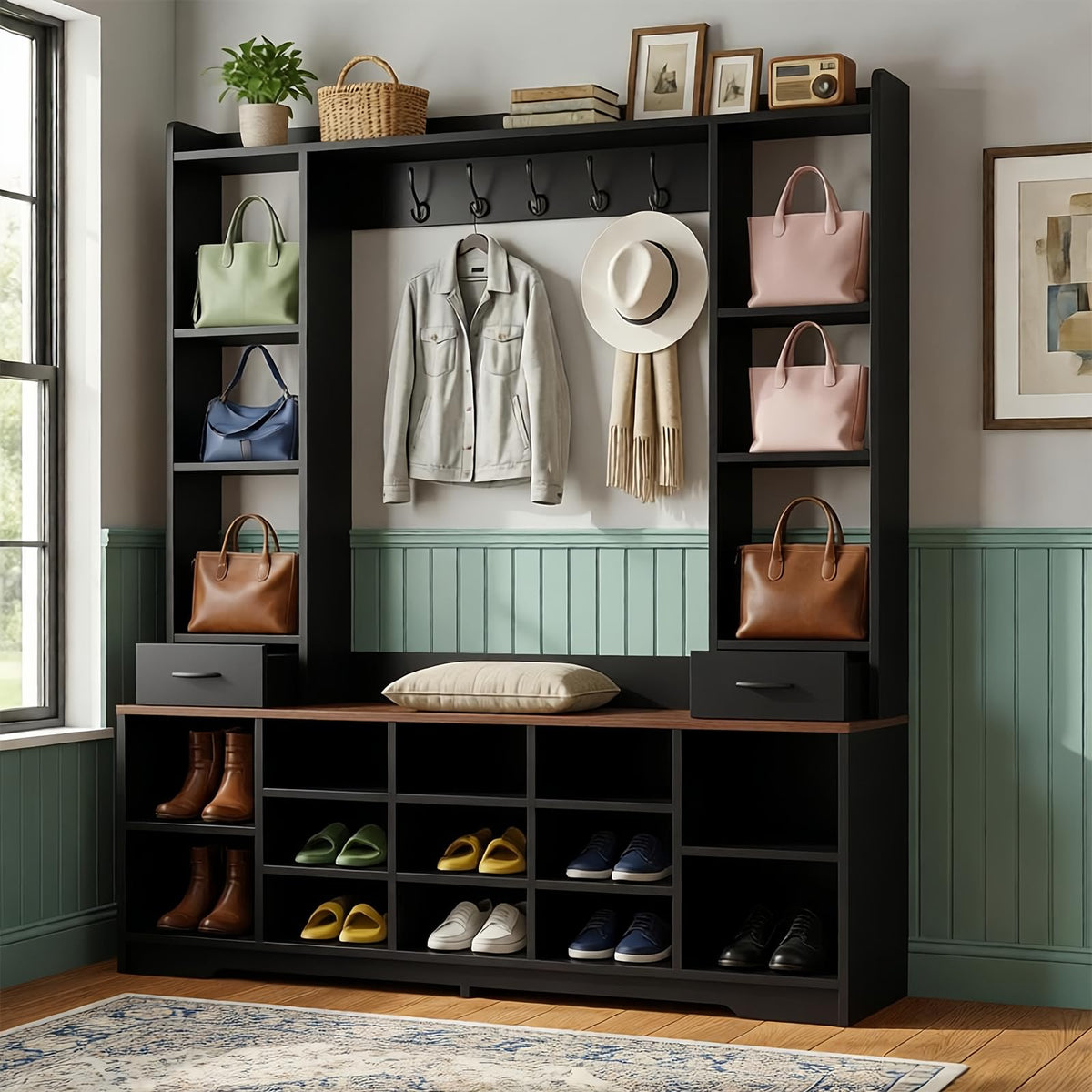 LHIUGE 6-in-1 Hall Tree with Bench & Shoe Storage Cabinet