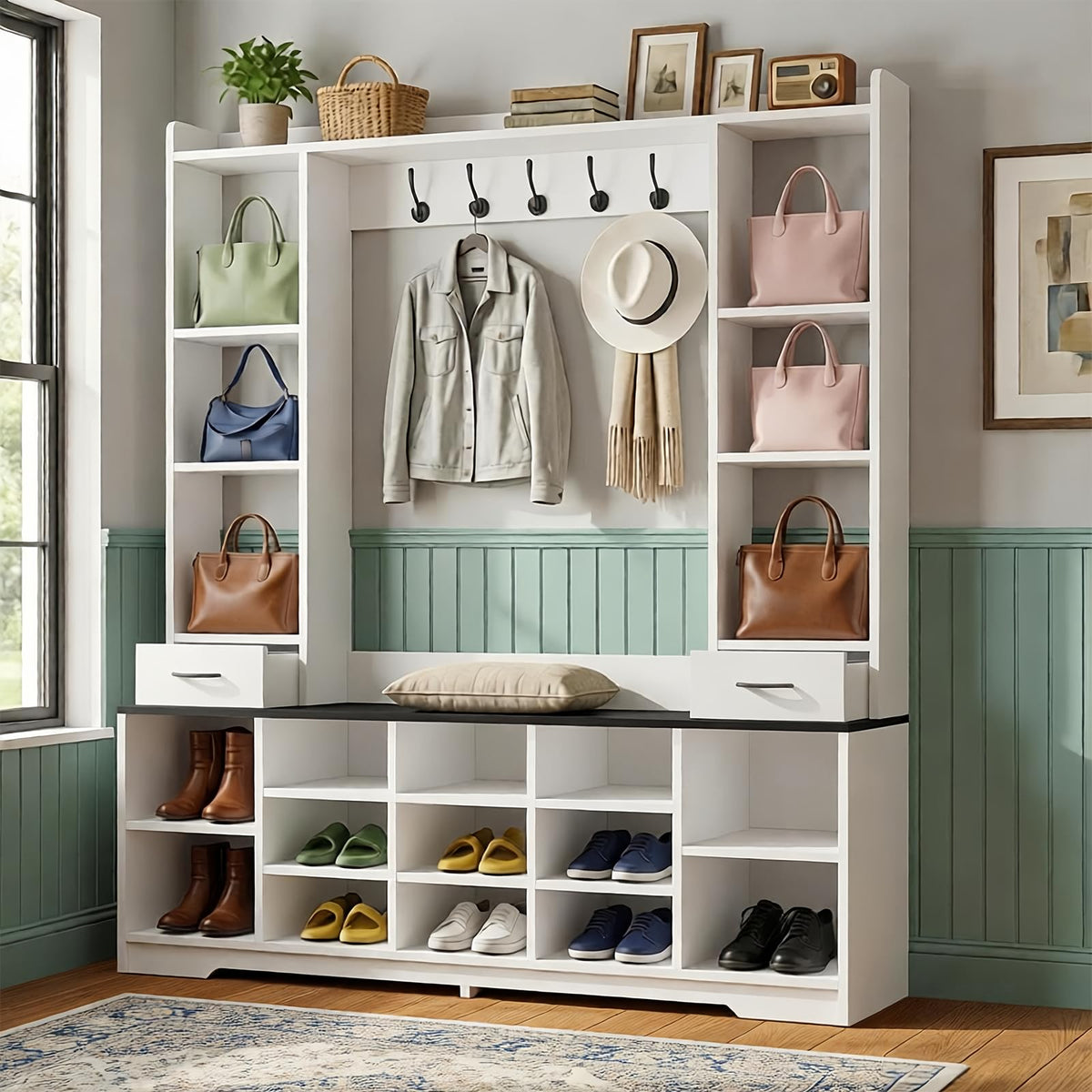 LHIUGE 6-in-1 Hall Tree with Bench & Shoe Storage Cabinet