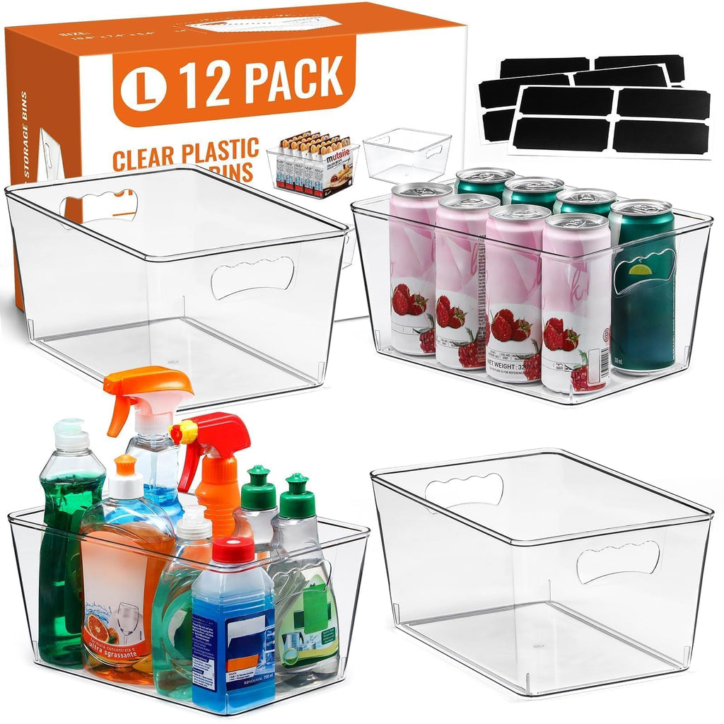 12-Pack Large Clear Pantry & Kitchen Storage Organizer Bins