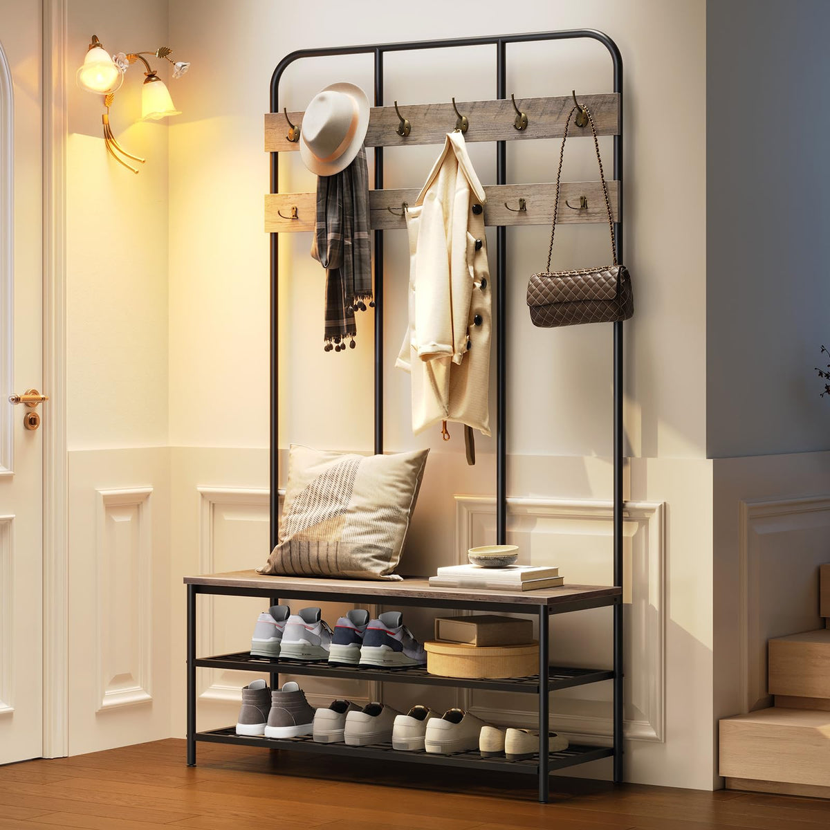 HOOBRO Hall Tree with Bench, Coat Rack & Shoe Storage