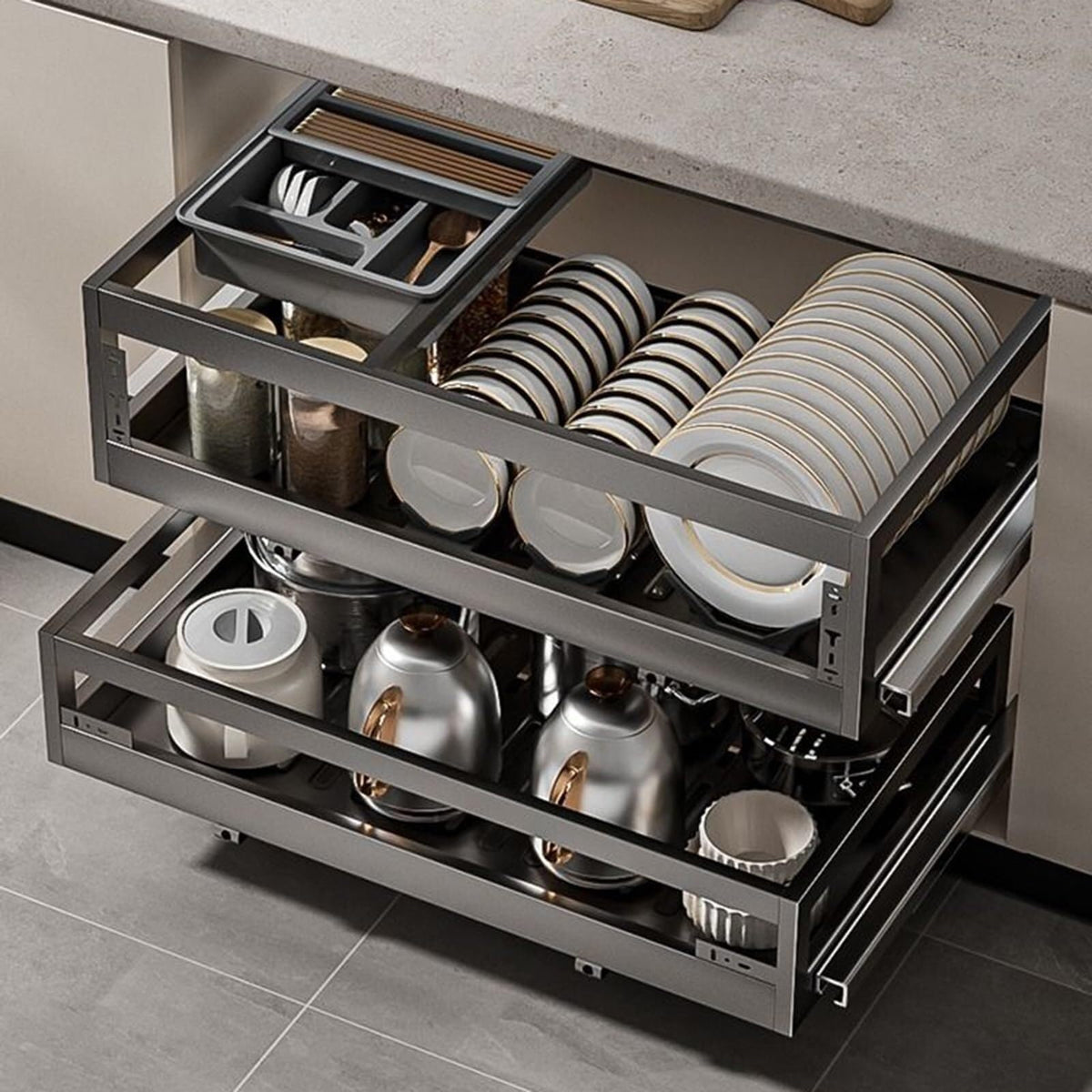 Stainless Steel Pull-Out Cabinet Organizer, Adjustable Slide-Out Storage for Kitchen & Pantry, Space-Saving Dish & Plate Shelves (415x820mm) - Gray, Durable & Efficient